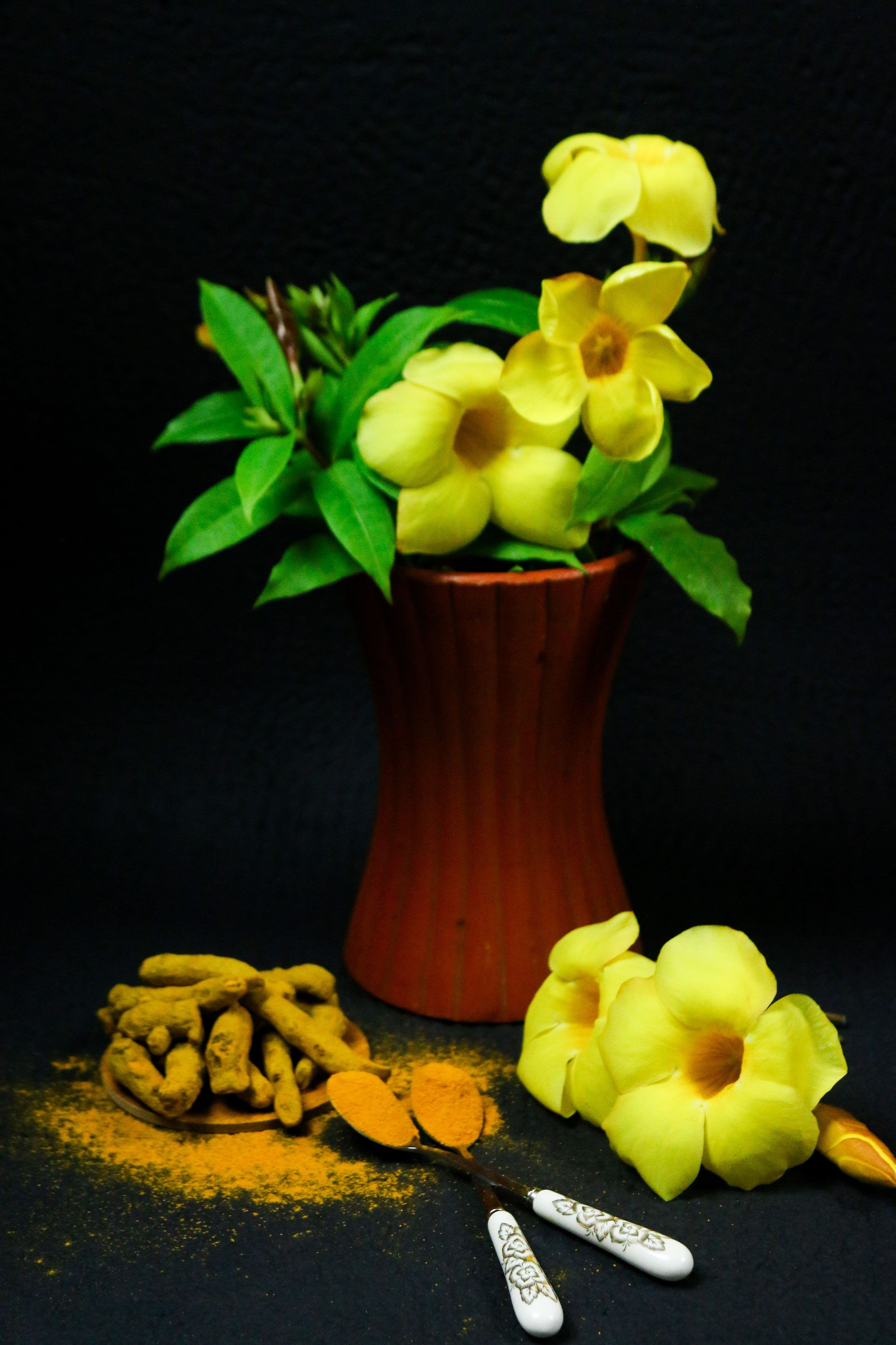 Fresh turmeric root and powder beside yellow flowers