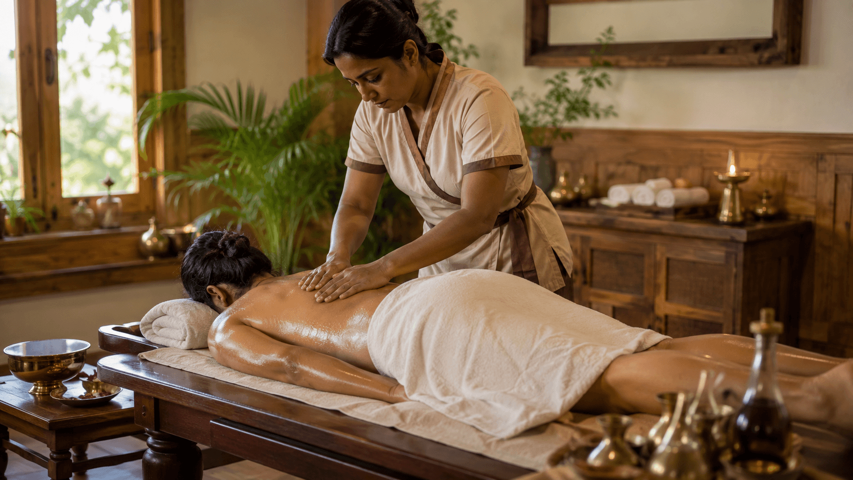 A therapist working warm oil along a guest's back with both hands on a wooden treatment table