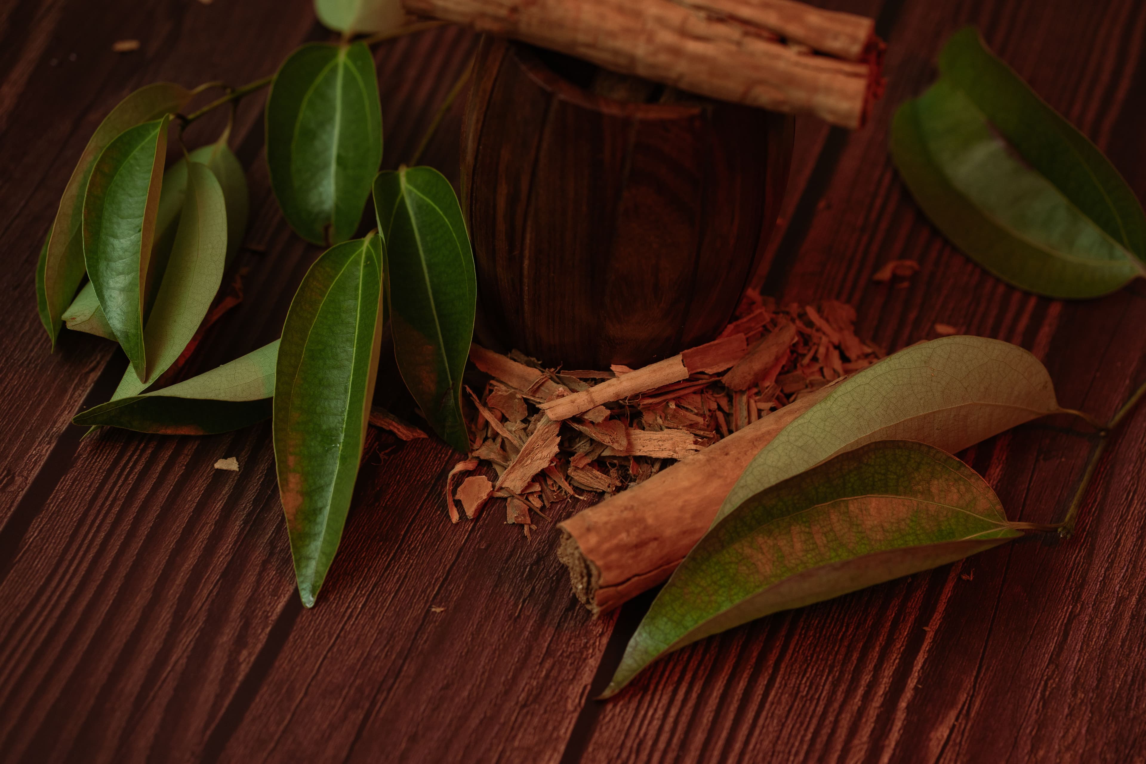 Cinnamon bark and fresh leaves beside a wooden mortar