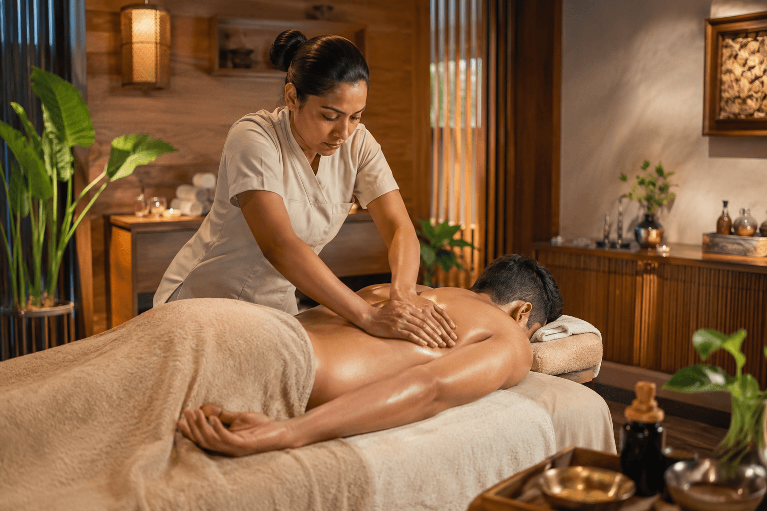 A therapist leaning into a guest's shoulders and upper back with firm, slow pressure
