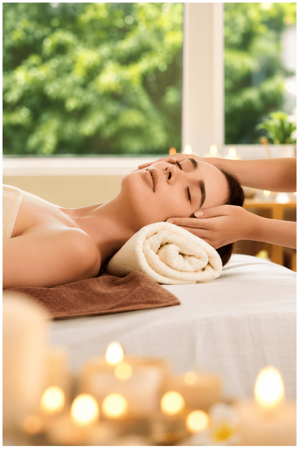 A guest on the treatment table during a head and face massage, with lit candles and a garden view through the window