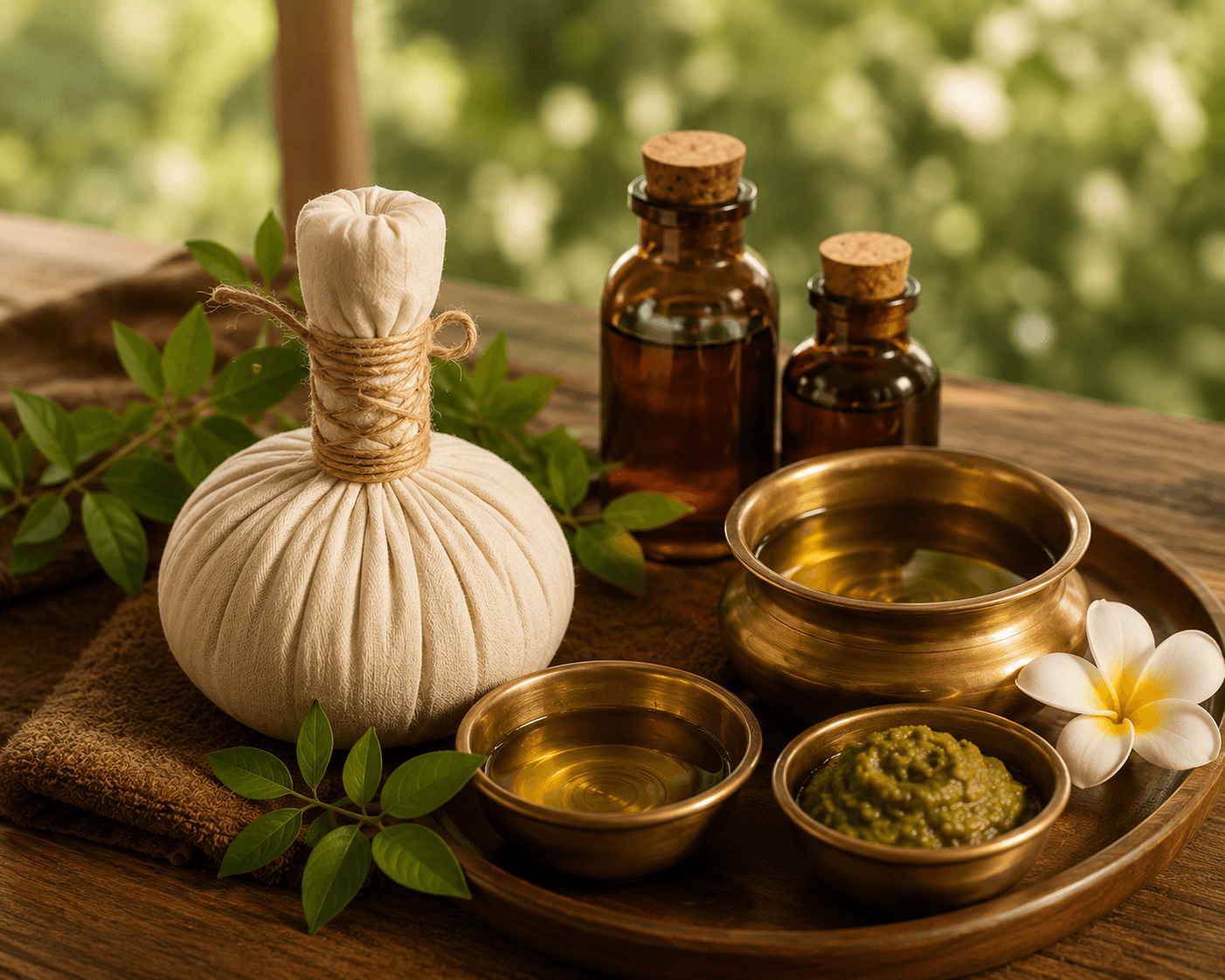 A herbal poultice, corked oil bottles and brass bowls of warm oil and herb paste on a wooden tray