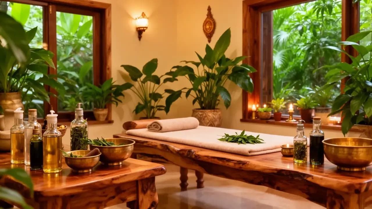 A massage table laid with oils and fresh herbs, surrounded by lush greenery