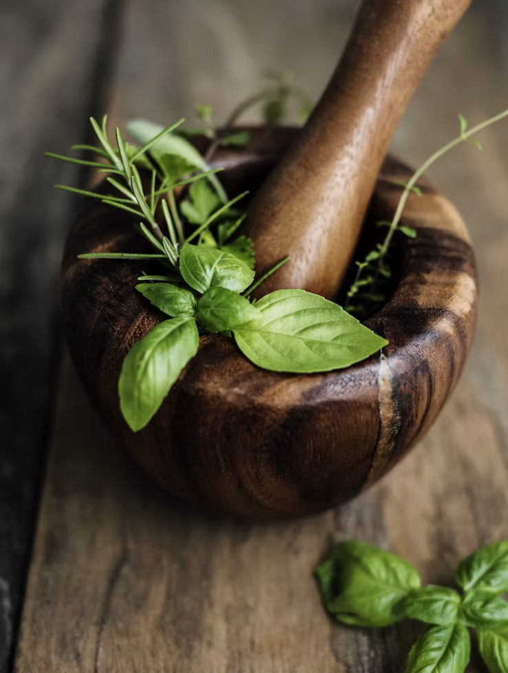 Fresh basil, rosemary and thyme in a wooden mortar and pestle
