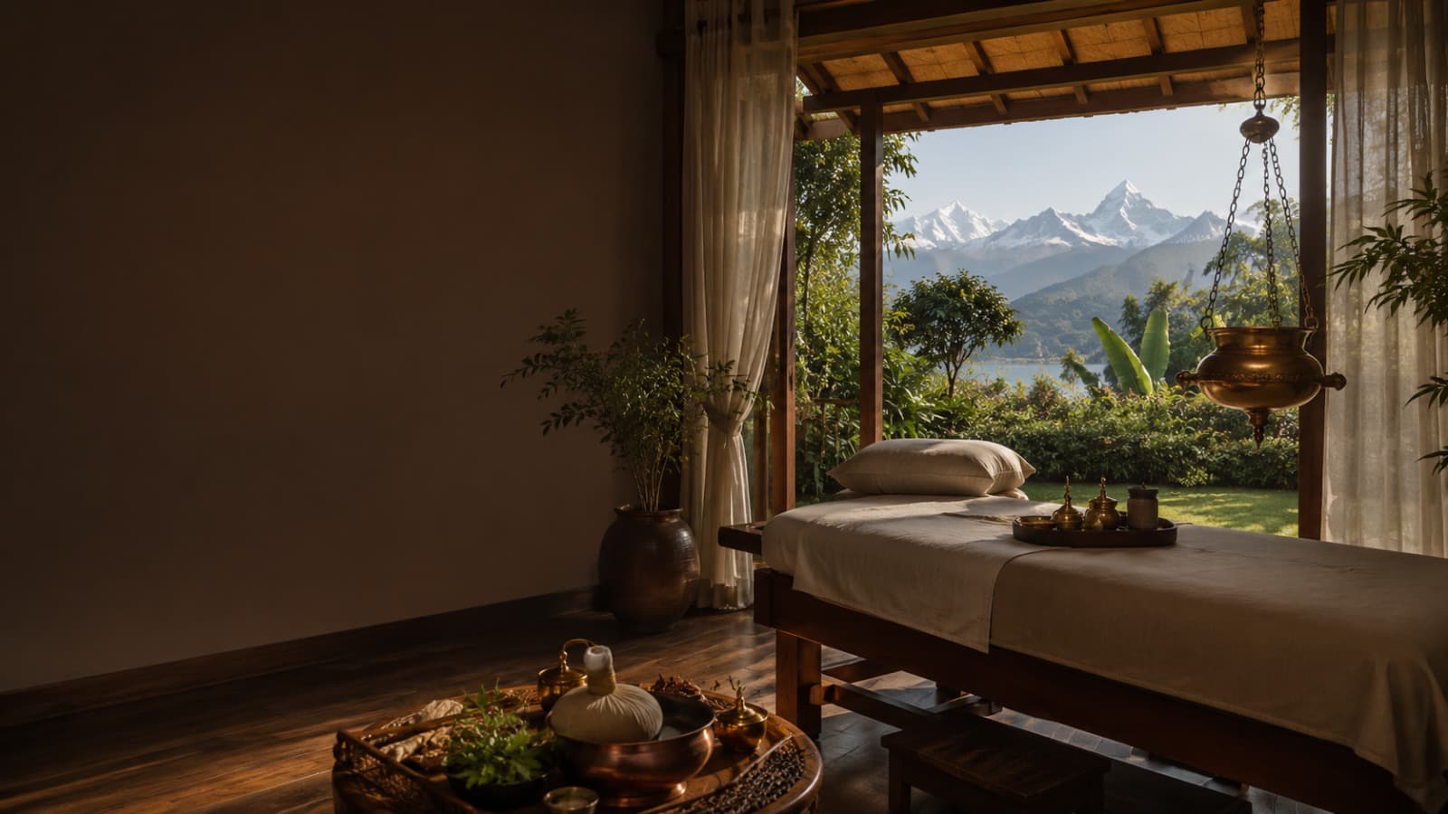 A treatment table with a hanging copper Shirodhara vessel, overlooking the Annapurna range and Phewa Lake