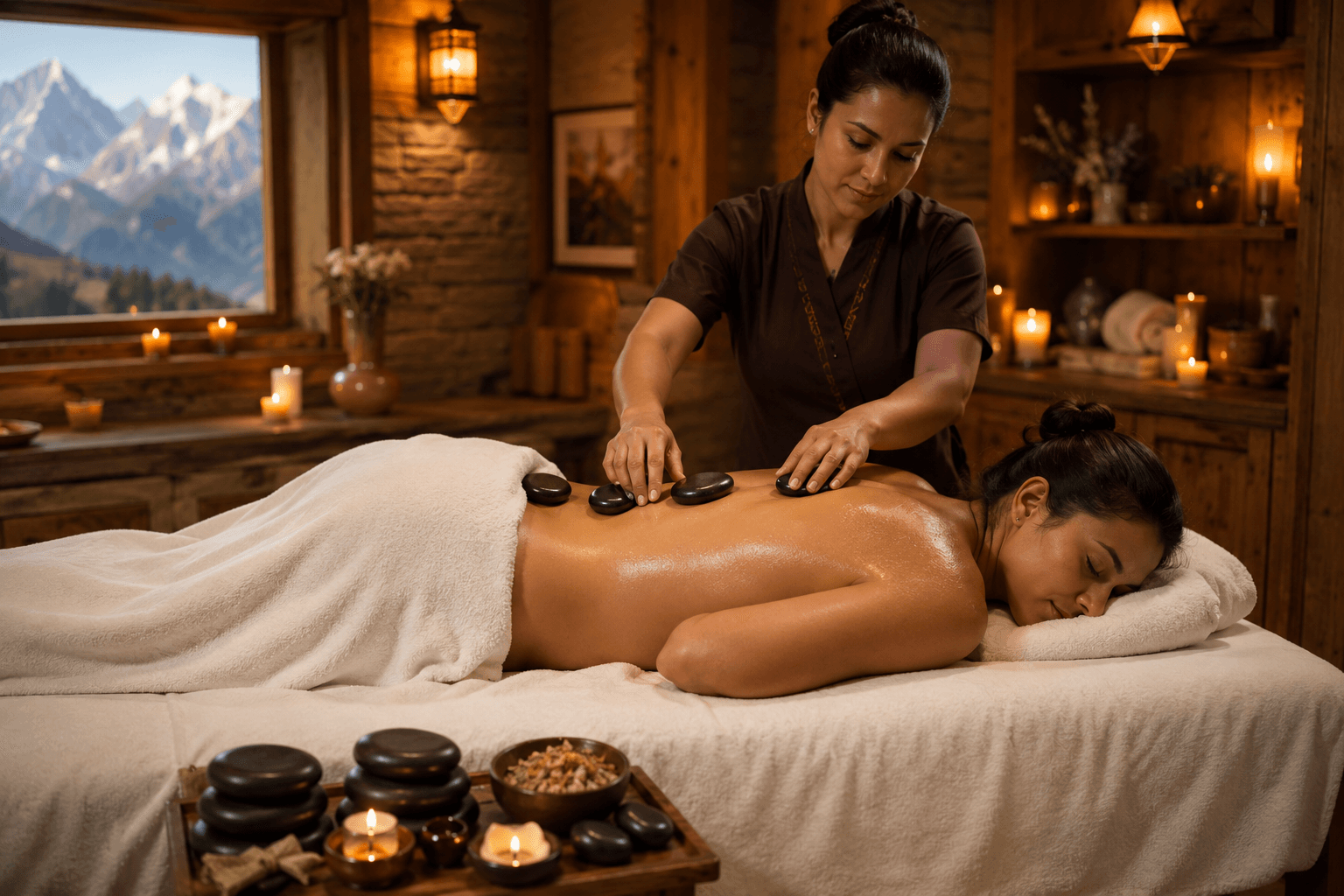 Dark basalt stones laid in a line along a guest's oiled back by candlelight