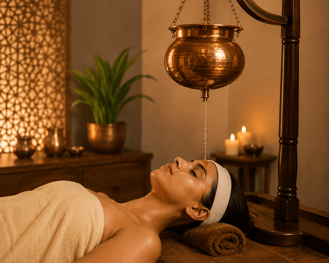 Warm oil running in a steady thread onto a guest's forehead from a hanging copper Shirodhara vessel