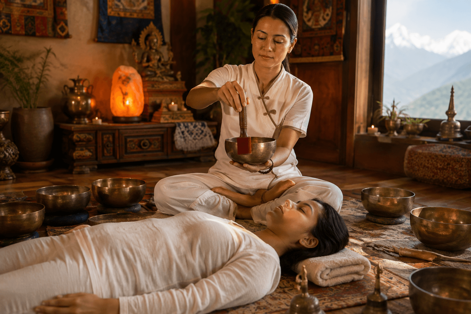 Singing bowls arranged around a guest lying still, a salt lamp glowing behind