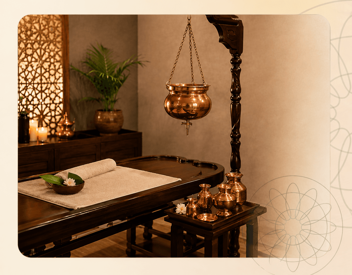 The treatment room with a carved wooden Dhroni table, hanging copper Shirodhara vessel and copper oil pots