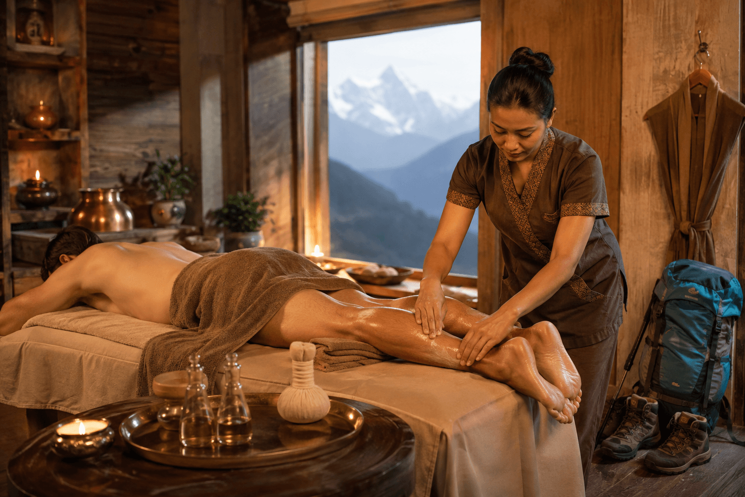 A therapist working along a guest's legs on the table, the Himalaya visible through the window behind
